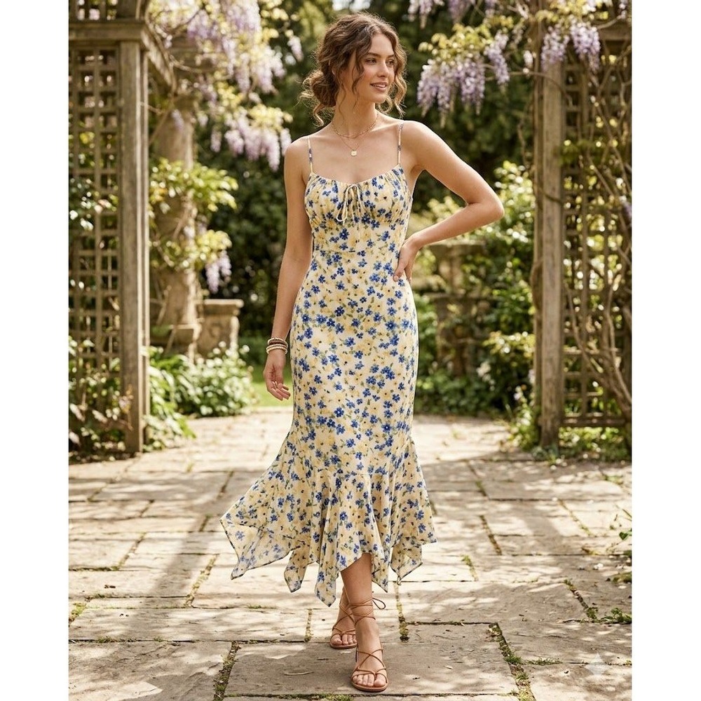 Commense Floral Midi Dress Blue Cream Flounce Hem Adjustable Straps Large NWT